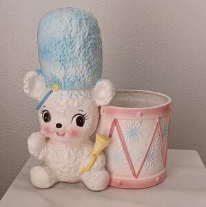 White and Blue Bear Figurine with Pink Drum